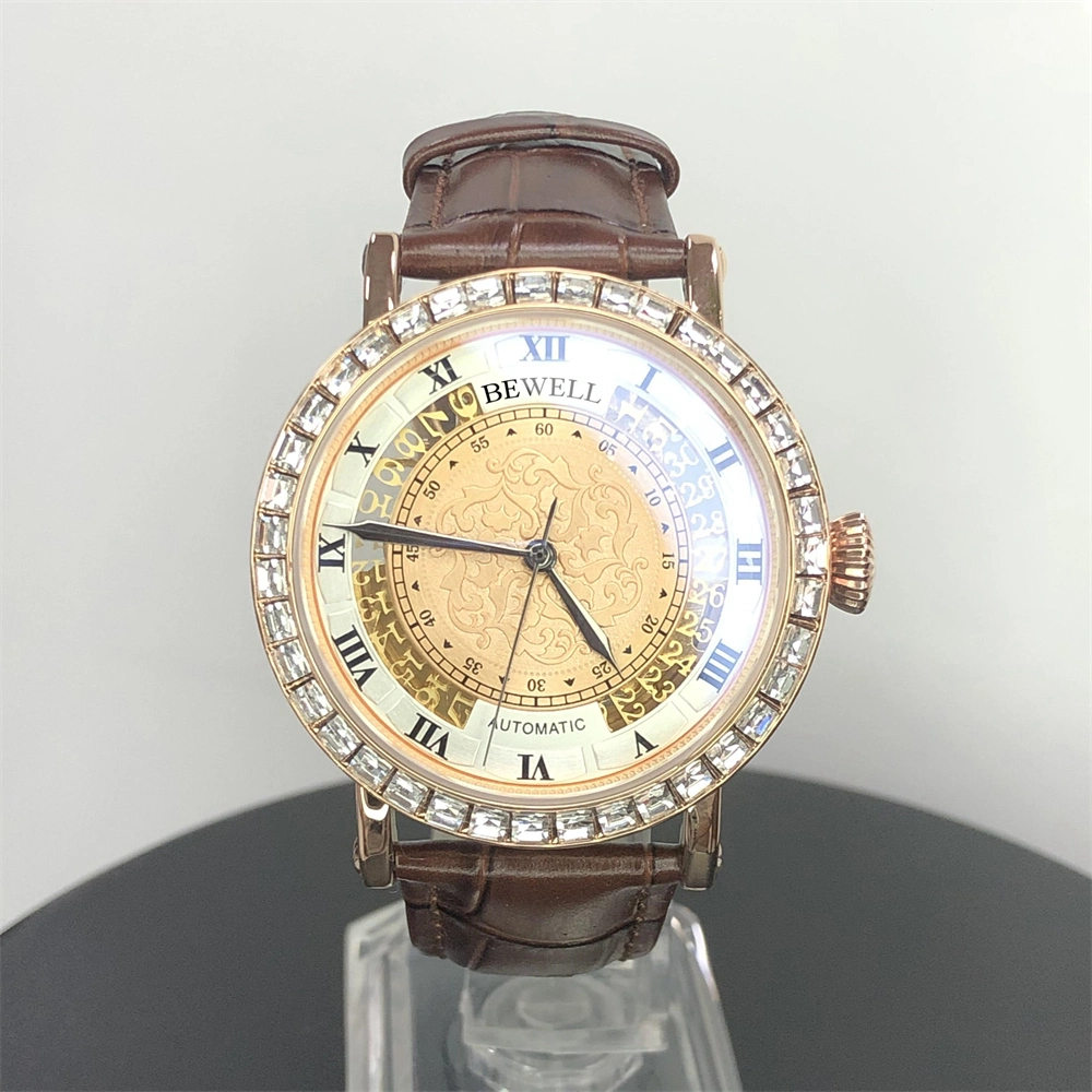 Wholesale Bewell High Quality Diamond Mechanical Mens Zinc Alloy Gold Watches Custom Logo Genuine Leather Strap Automatic Watch for Men