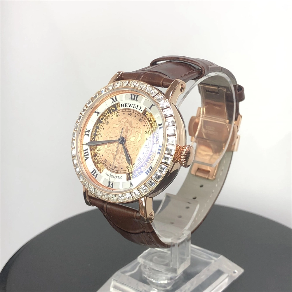 Wholesale Bewell High Quality Diamond Mechanical Mens Zinc Alloy Gold Watches Custom Logo Genuine Leather Strap Automatic Watch for Men