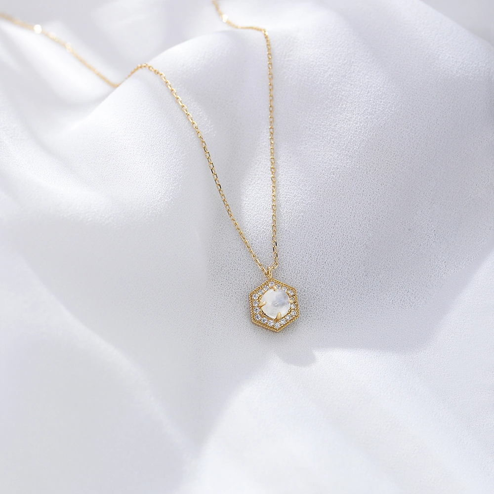 Simple Ins Fashion 14K Gold Plated Good Luck Hexagonal Natural Moonstone 925 Silver Necklace Jewelry for Woman