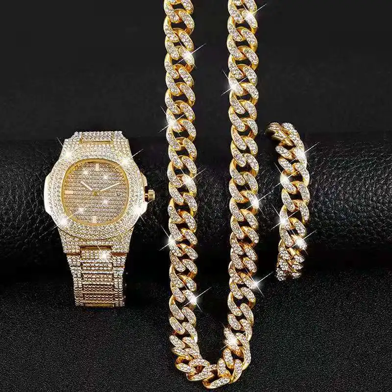 Hiphop Watches Men Cuban Chain Gold Iced out Paved Rhinestones Men Watch with Bracelet Set Watch for Men Wristwatches Gift