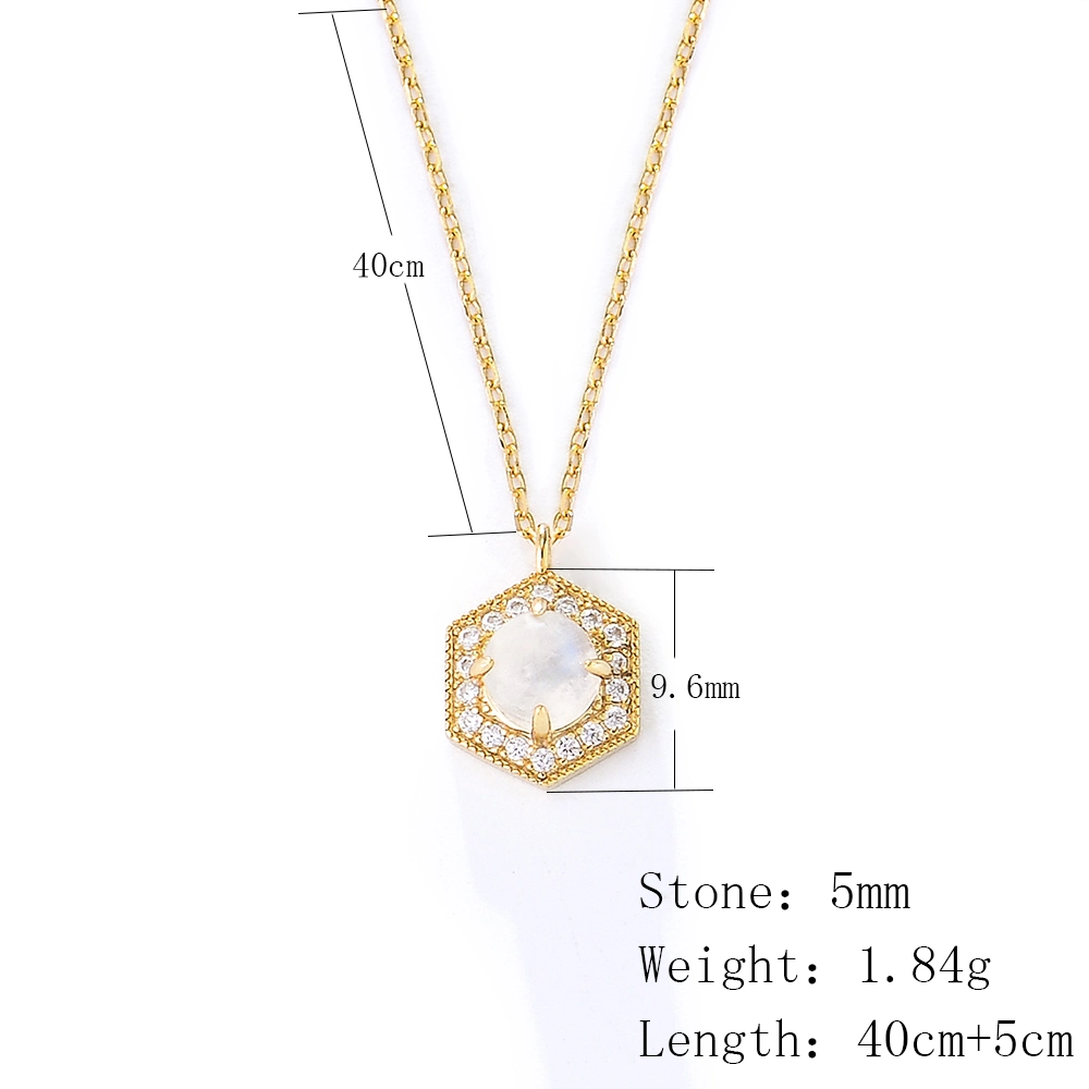 Simple Ins Fashion 14K Gold Plated Good Luck Hexagonal Natural Moonstone 925 Silver Necklace Jewelry for Woman