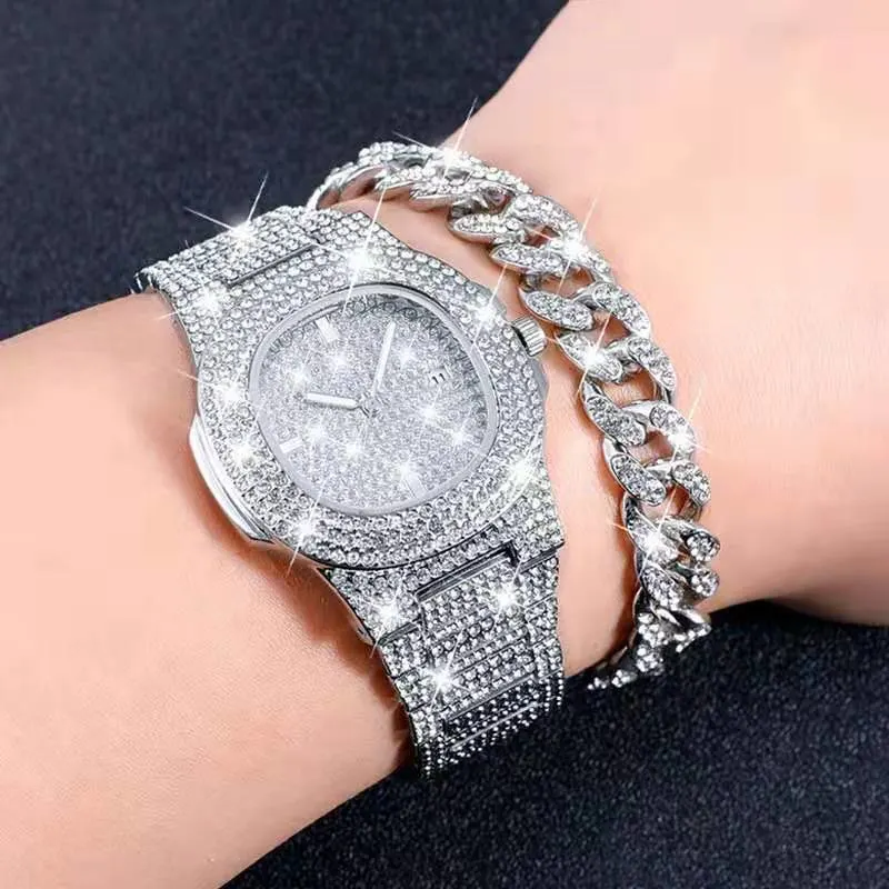 Hiphop Watches Men Cuban Chain Gold Iced out Paved Rhinestones Men Watch with Bracelet Set Watch for Men Wristwatches Gift