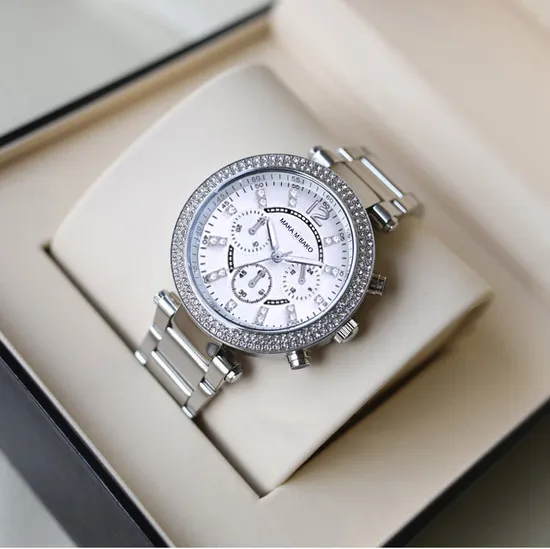 Women′s Gift Watch Alloy Case Stainless Steel with Decorative Multifunction Hands 